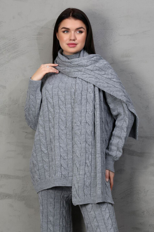 Gri Örgü Motifli Kazak Hırka Ve Pantolon 3 Lü Triko Takım BCES-252031