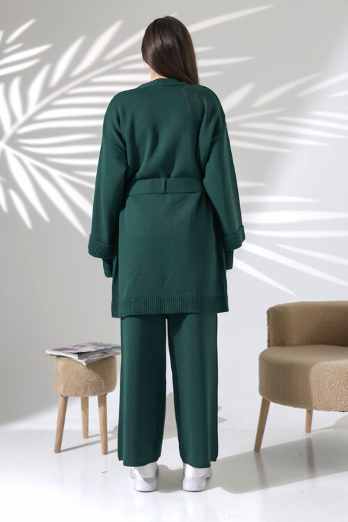 Haki Bisiklet Yaka Bluz, Hırka Ve Pantolon 3 Lü Triko Takım BCES-252041