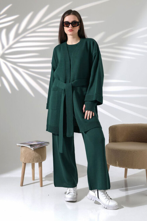 Haki Bisiklet Yaka Bluz, Hırka Ve Pantolon 3 Lü Triko Takım BCES-252041