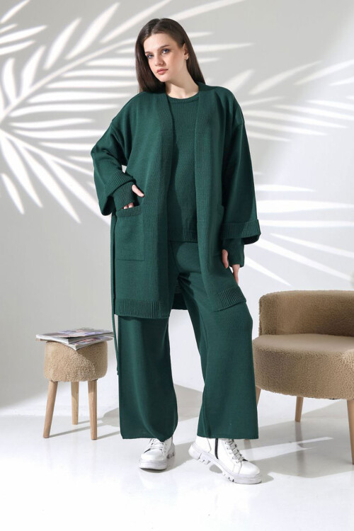 Haki Bisiklet Yaka Bluz, Hırka Ve Pantolon 3 Lü Triko Takım BCES-252041