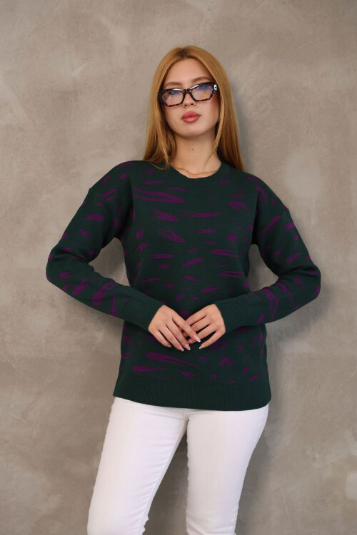 Haki Bisiklet Yaka Desenli Triko Kazak BCES-252032