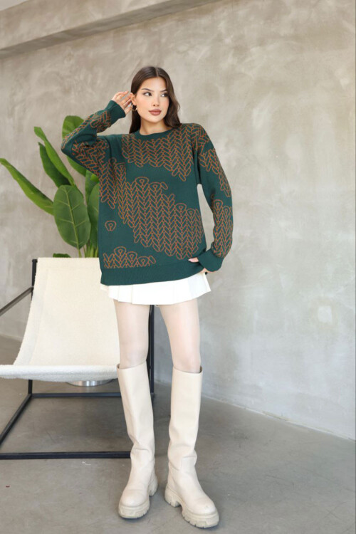 Haki Bisiklet Yaka Desenli Triko Kazak BCES-252046