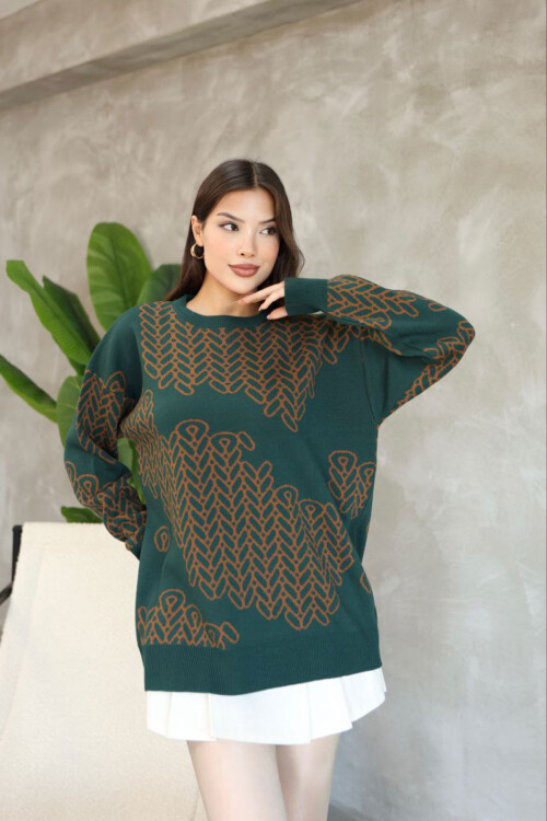 Haki Bisiklet Yaka Desenli Triko Kazak BCES-252046