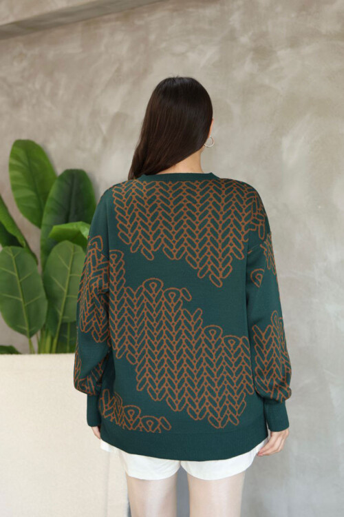 Haki Bisiklet Yaka Desenli Triko Kazak BCES-252046
