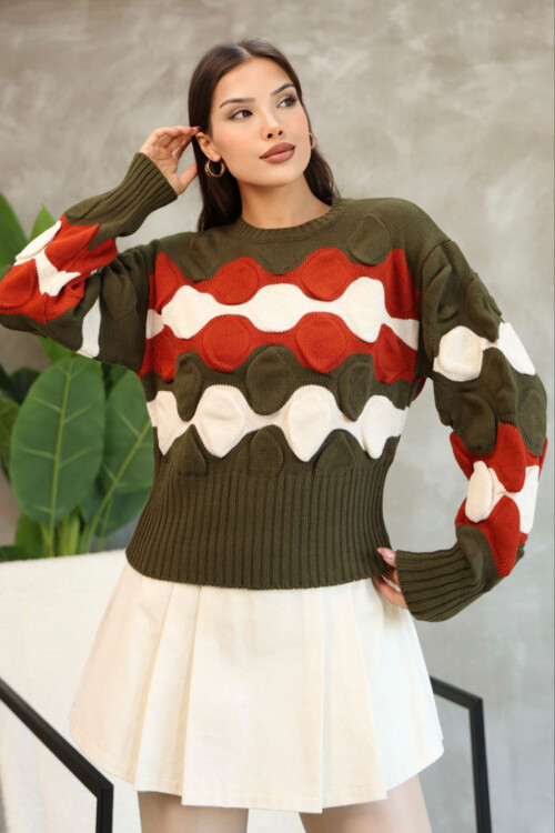 Haki Bisiklet Yaka Kabartma Desenli Triko Kazak BCES-252034