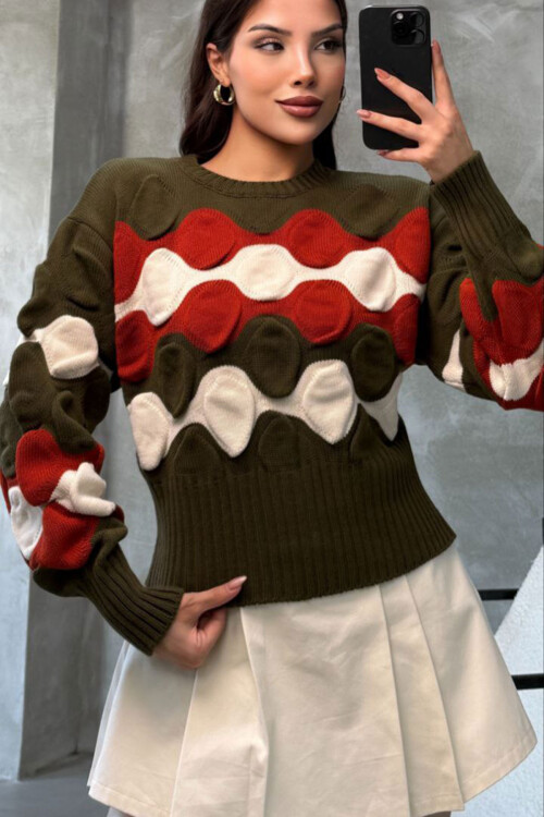 Haki Bisiklet Yaka Kabartma Desenli Triko Kazak BCES-252034