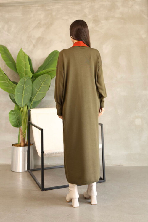 Haki Bisiklet Yaka Elbise Ve Hırka Tesettür Alt Üst Takım BCES-252024