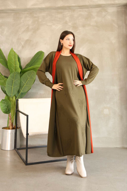 Haki Bisiklet Yaka Elbise Ve Hırka Tesettür Alt Üst Takım BCES-252024