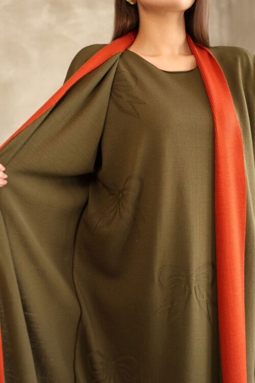 Haki Bisiklet Yaka Elbise Ve Hırka Tesettür Alt Üst Takım BCES-252024