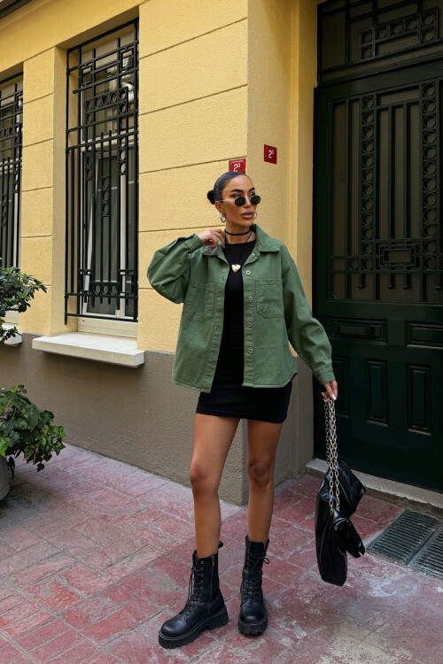 Haki Çift Cepli Yıkamalı Denim Gömlek Ceket BCDF-235403