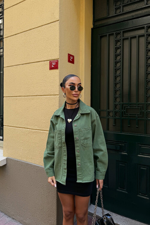 Haki Çift Cepli Yıkamalı Denim Gömlek Ceket BCDF-235403