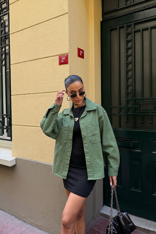 Haki Çift Cepli Yıkamalı Denim Gömlek Ceket BCDF-235403