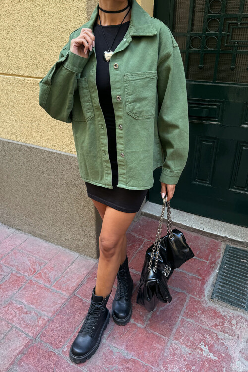 Haki Çift Cepli Yıkamalı Denim Gömlek Ceket BCDF-235403