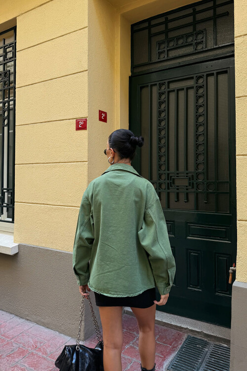 Haki Çift Cepli Yıkamalı Denim Gömlek Ceket BCDF-235403