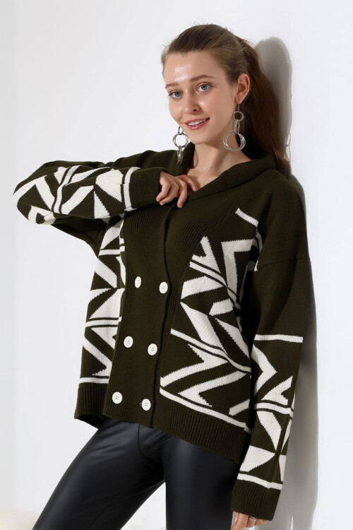 Haki Çift Düğme Detaylı Desenli Triko Hırka BCES-252021