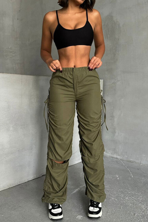 Haki Dizi Yırtmaçlı Paraşüt Kumaş Tasarım Jogger Pantolon BCHN-25W26704