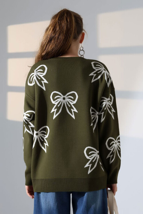 Haki Fiyonk Desenli Triko Kazak BCES-252045