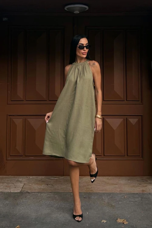 Haki Gizli Cepli Yazlık Keten Dokuma Elbise BCDF-25255029