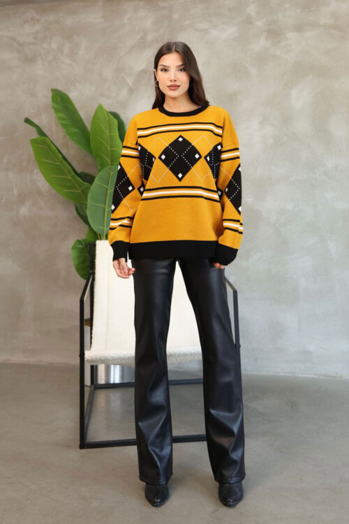 Hardal Bisiklet Yaka Desenli Triko Kazak BCES-252015