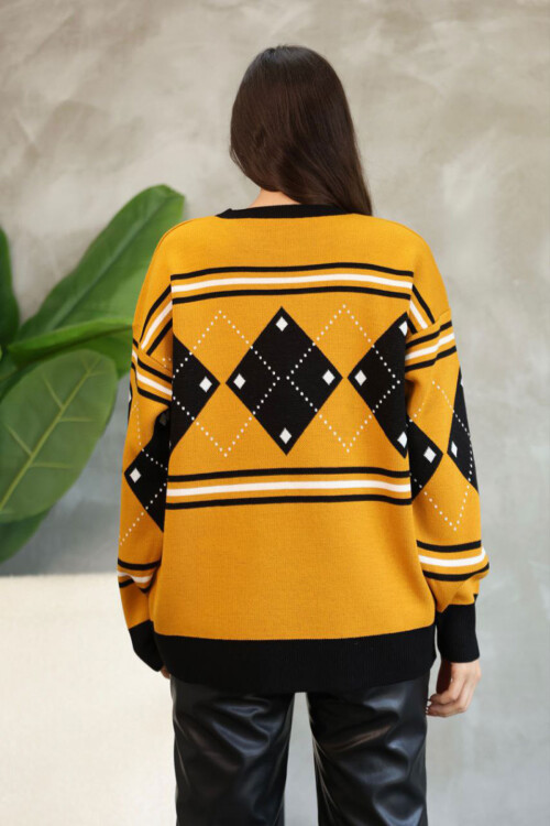 Hardal Bisiklet Yaka Desenli Triko Kazak BCES-252015