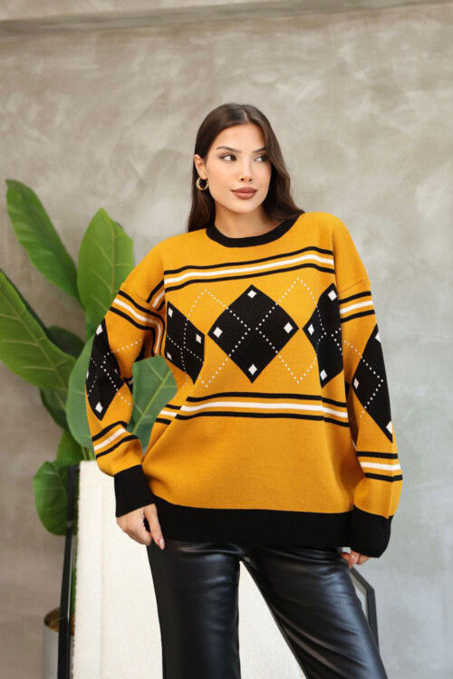 Hardal Bisiklet Yaka Desenli Triko Kazak BCES-252015