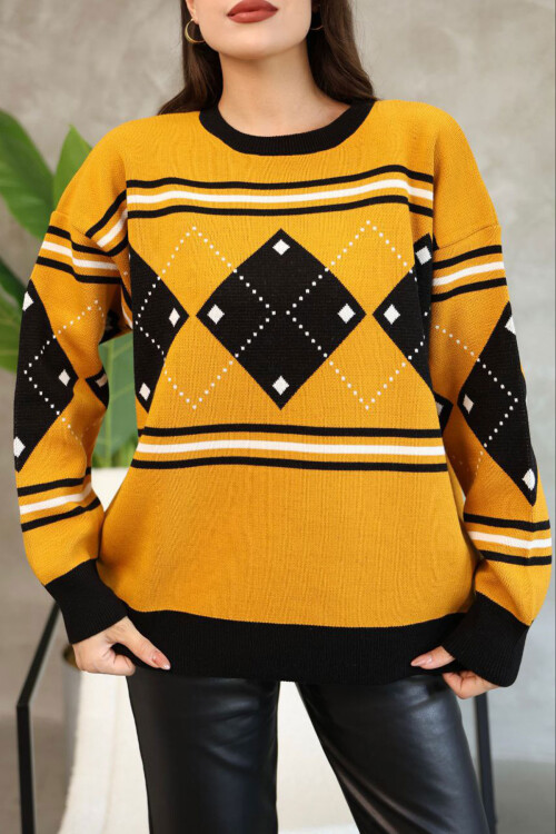 Hardal Bisiklet Yaka Desenli Triko Kazak BCES-252015