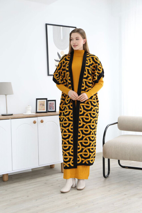 Hardal Boğazlı Triko Elbise Ve Uzun Desenli Hırka Alt Üst Takım BCES-252040