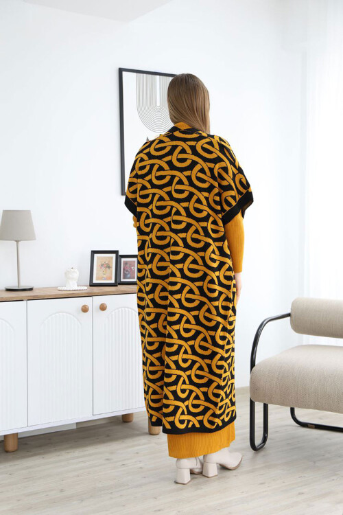 Hardal Boğazlı Triko Elbise Ve Uzun Desenli Hırka Alt Üst Takım BCES-252040