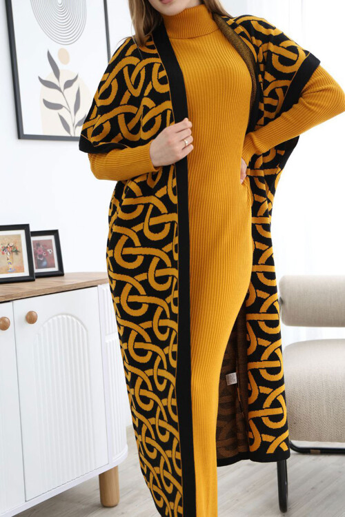 Hardal Boğazlı Triko Elbise Ve Uzun Desenli Hırka Alt Üst Takım BCES-252040