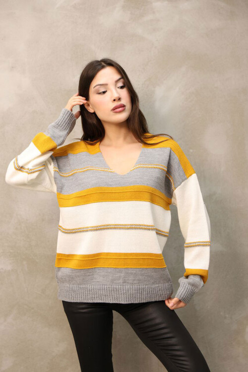 Hardal V Yaka Çizgi Bloklu Triko Kazak BCES-252018