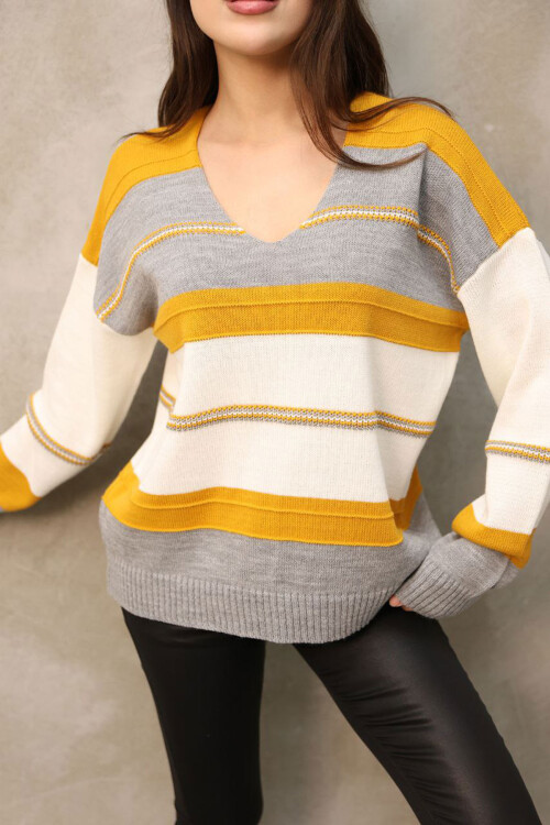 Hardal V Yaka Çizgi Bloklu Triko Kazak BCES-252018