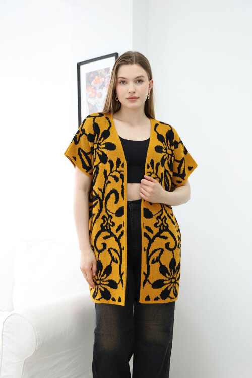 Hardal Yarım Kol Desenli Triko Hırka BCES-252007