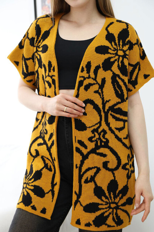 Hardal Yarım Kol Desenli Triko Hırka BCES-252007