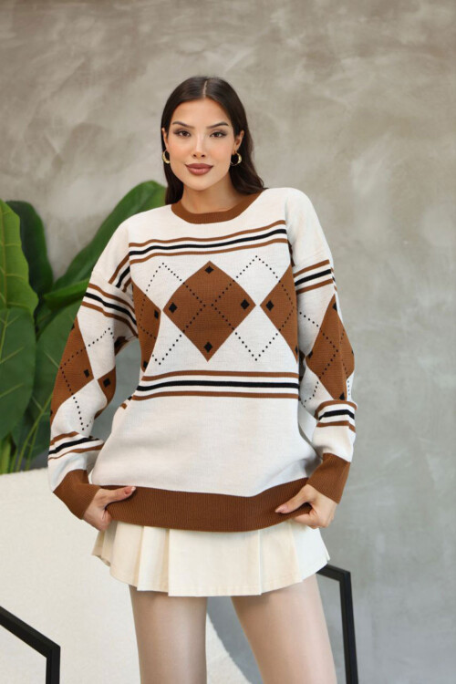 Kahverengi Bisiklet Yaka Desenli Triko Kazak BCES-252015