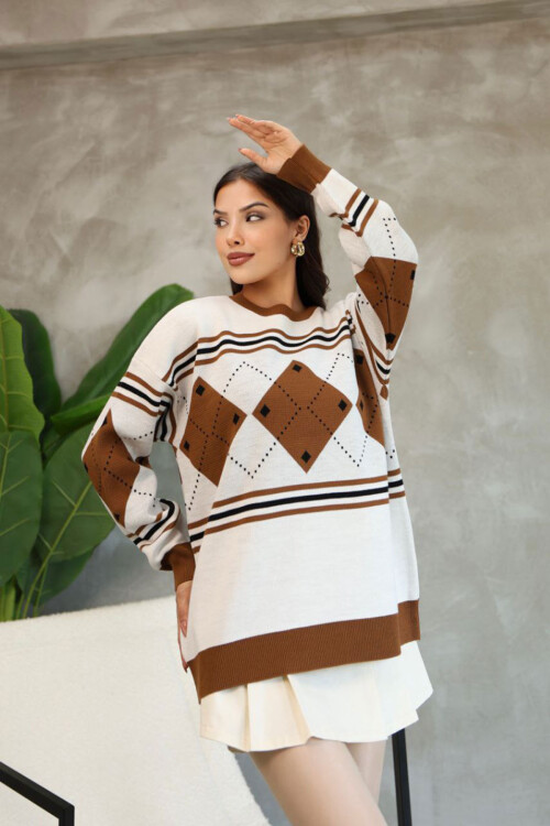 Kahverengi Bisiklet Yaka Desenli Triko Kazak BCES-252015