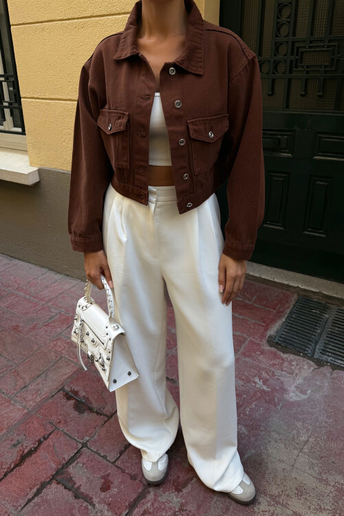 Kahverengi Çift Cep Denim Crop Ceket BCDF-255419