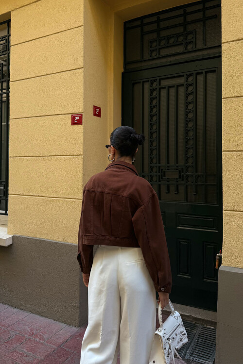 Kahverengi Çift Cep Denim Crop Ceket BCDF-255419