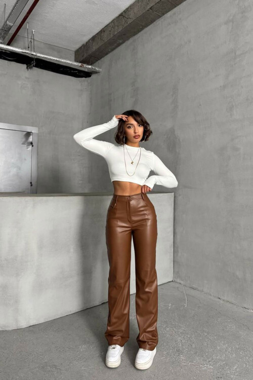 Kahverengi Çift Cepli Fit Kesim Suni Deri Pantolon BCHN-25267542