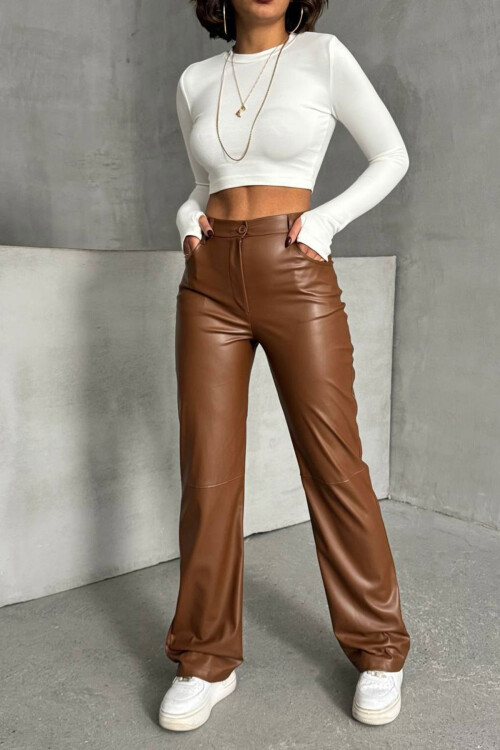 Kahverengi Çift Cepli Fit Kesim Suni Deri Pantolon BCHN-25267542