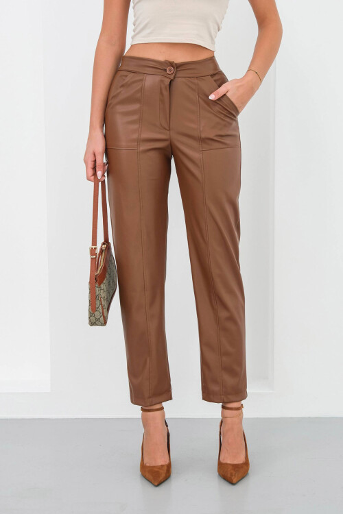 Kahverengi Çift Cepli Önü Dikiş Detaylı Suni Deri Pantolon BCHN-25265098