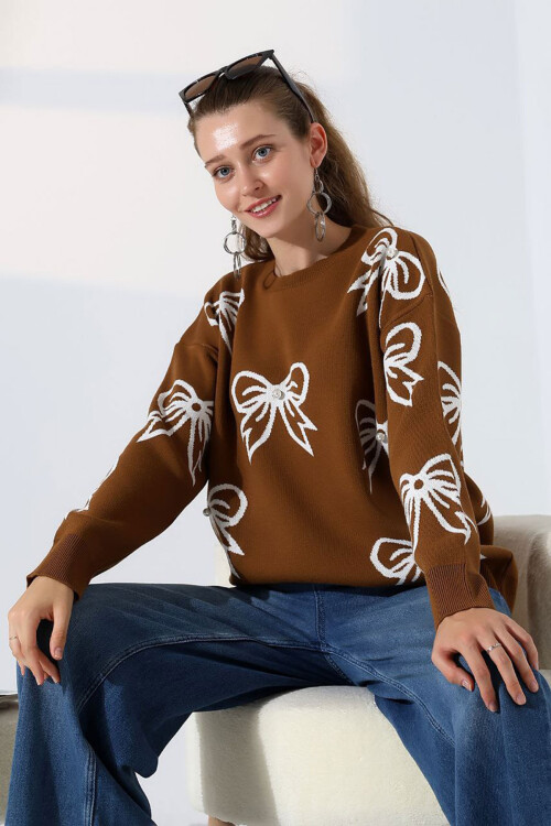 Kahverengi Fiyonk Desenli Triko Kazak BCES-252045