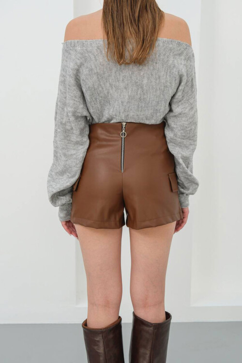 Kahverengi Tokalı Kapaklı Şort Etek BCHN-25W260107