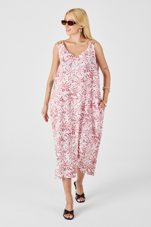 Kırmızı-Beyaz Askılı Boncuk Detaylı Çift Cepli Desenli Salaş Elbise