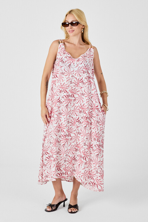 Kırmızı-Beyaz Askılı Boncuk Detaylı Çift Cepli Desenli Salaş Elbise