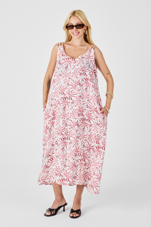 Kırmızı-Beyaz Askılı Boncuk Detaylı Çift Cepli Desenli Salaş Elbise