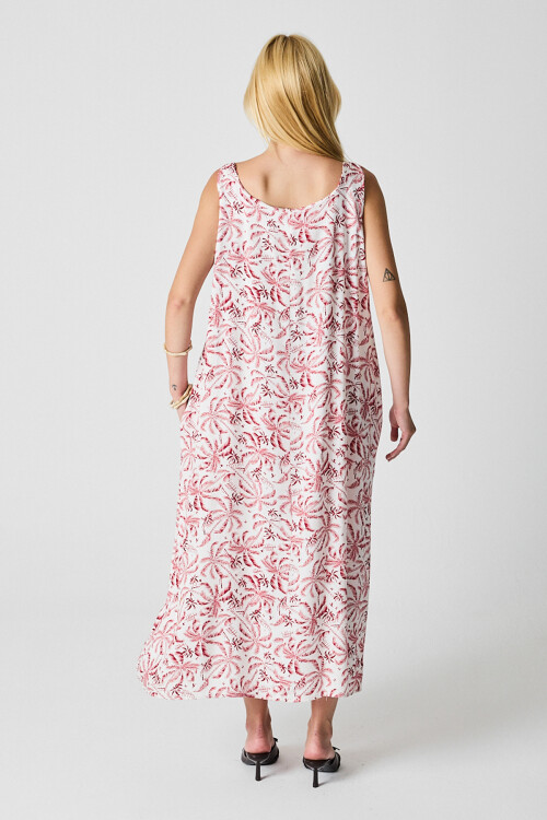 Kırmızı-Beyaz Askılı Boncuk Detaylı Çift Cepli Desenli Salaş Elbise