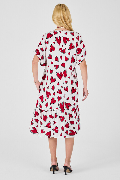 Kırmızı-Beyaz V Yaka Oversize Kesim Desenli Çift Cepli Volanlı Elbise BCVL-254028