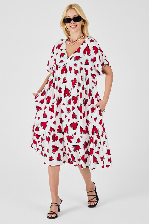 Kırmızı-Beyaz V Yaka Oversize Kesim Desenli Çift Cepli Volanlı Elbise BCVL-254028