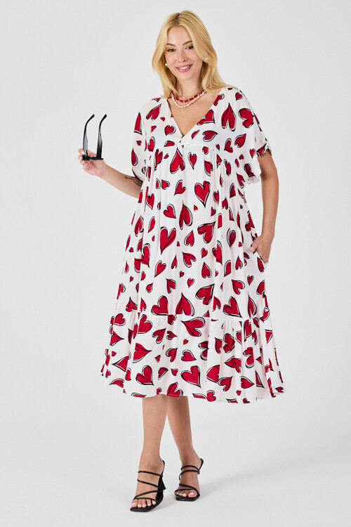 Kırmızı-Beyaz V Yaka Oversize Kesim Desenli Çift Cepli Volanlı Elbise BCVL-254028