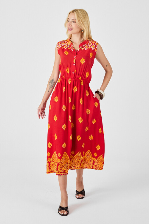 Kırmızı Çentik Yaka Düğmeli Desenli Kolsuz Midi Elbise